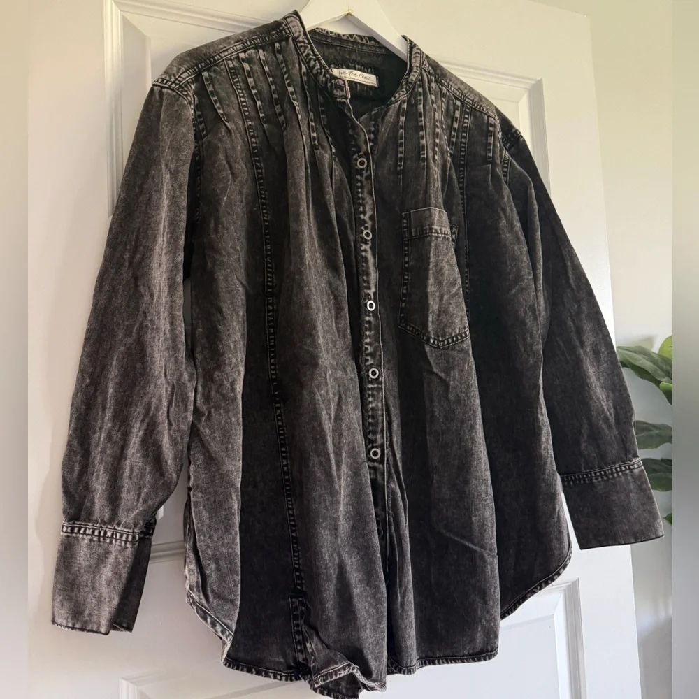Free People Washed Black Denim Button-Up Top | Boho Oversized Denim Shirt